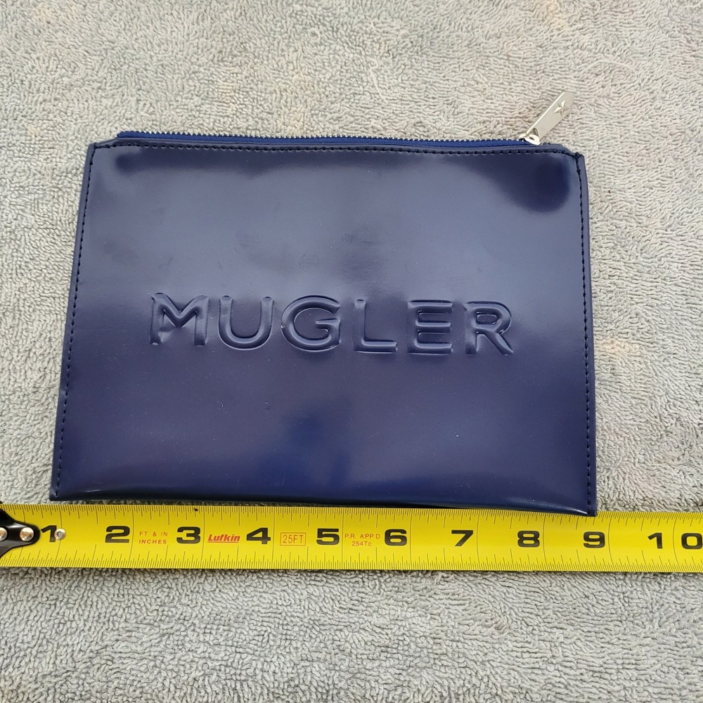 Mugler Parfums Navy Blue Patent Vinyl Cosmetic Pouch Bag Embossed Logo Star Pull